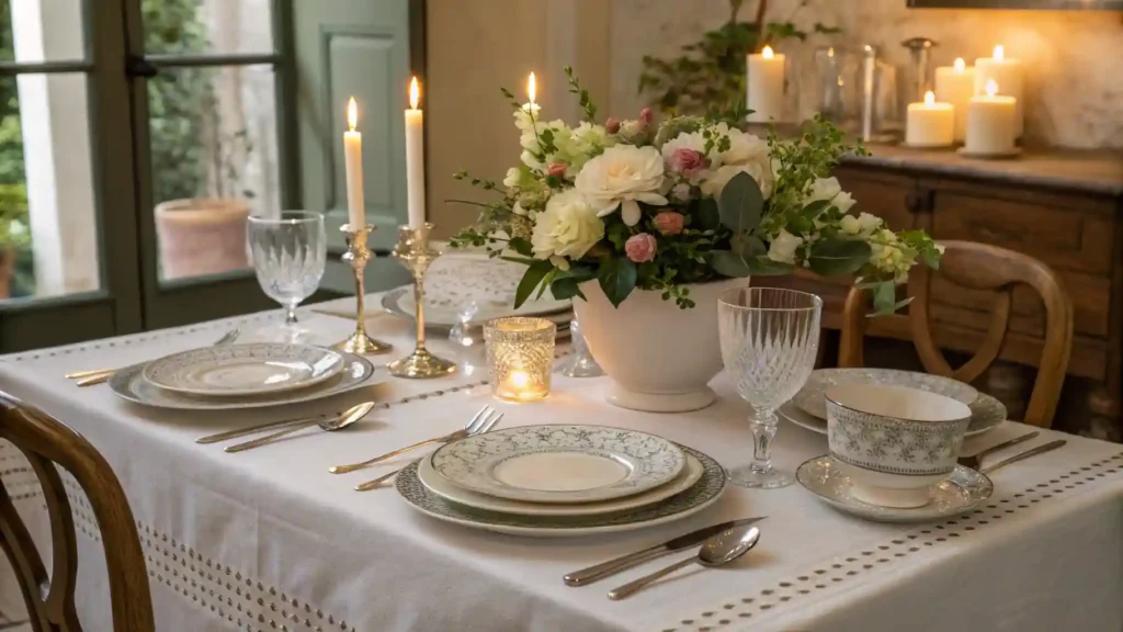 Mesa servida elegantemente con velas, flores y vajilla clásica para una cena especial.