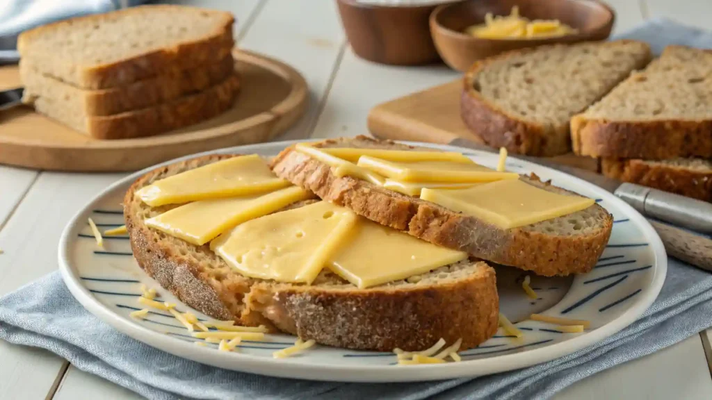 Rebanadas de pan de centeno casero servidas con lonchas de queso sobre un plato.