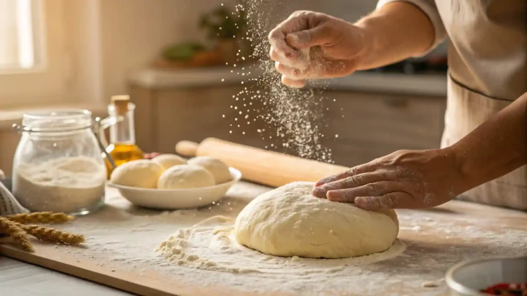 Manos amasando masa de pan casero mientras espolvorean harina en una mesa de madera.