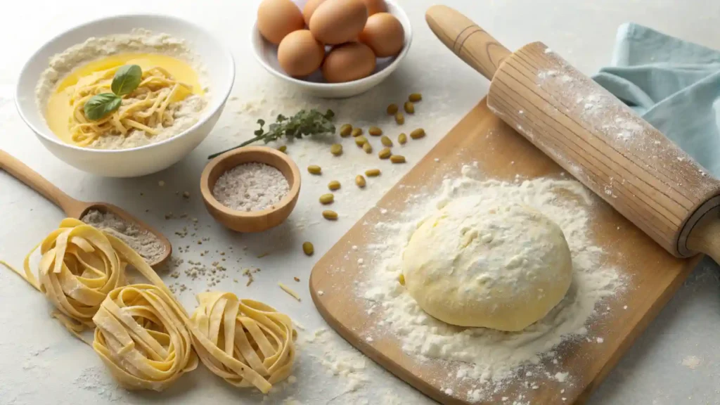 Preparación de masa de pasta sin gluten con harina, huevos y rodillo en una superficie de cocina
