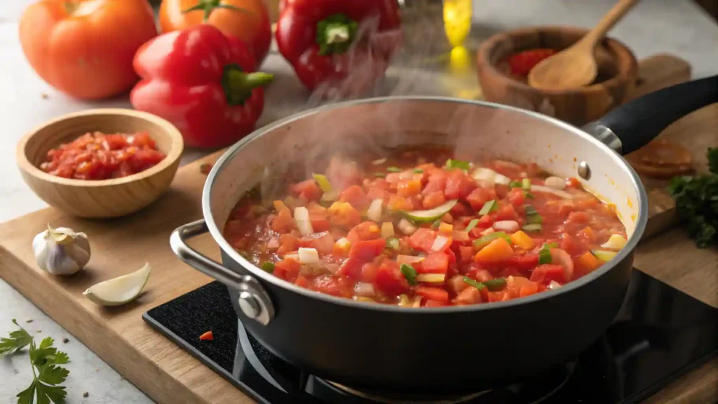 Salsa de tomate casera en cocción con verduras frescas en una sartén