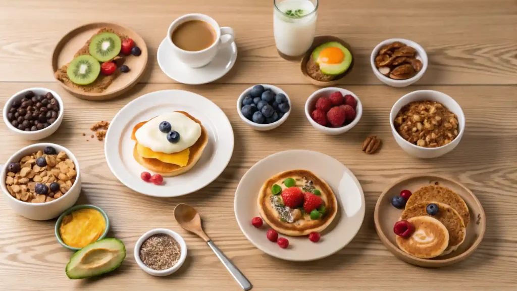 Un desayuno sin gluten servido sobre mesa de madera con panqueques, frutas frescas como kiwi, arándanos y frambuesas, granola, aguacate, café y leche, en un estilo saludable y nutritivo.