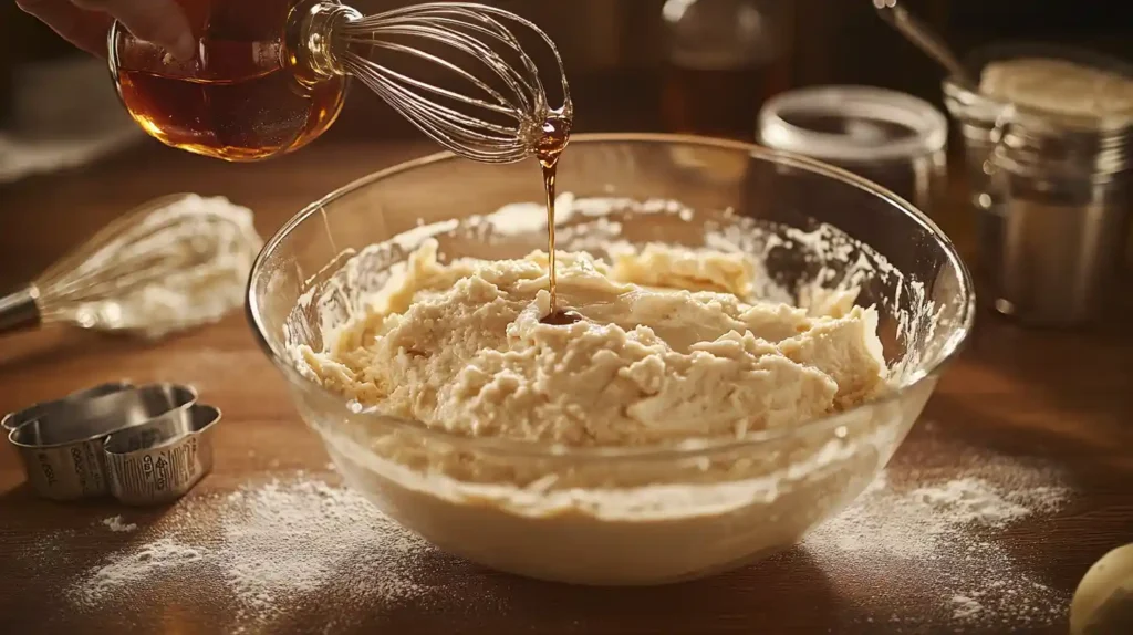 “Action shot of dark rum being poured into creamy cake batter in a glass bowl, surrounded by a whisk, measuring cups, and flour dust.”