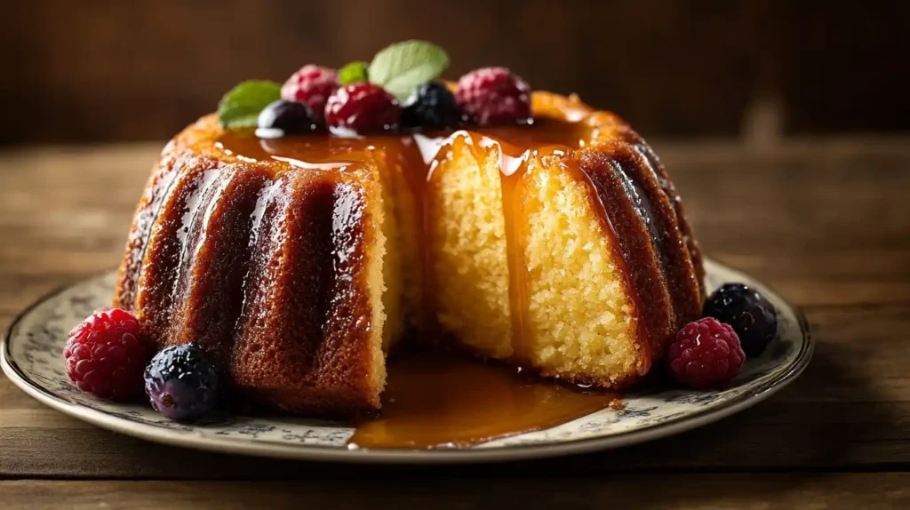 Moist rum cake slice on a vintage dessert plate, showing a golden crust, drizzled with caramel sauce and garnished with berries