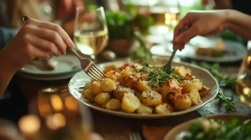 A serving of garlic Parmesan roasted potatoes on a dinner plate with a side of grilled steak and vegetables.