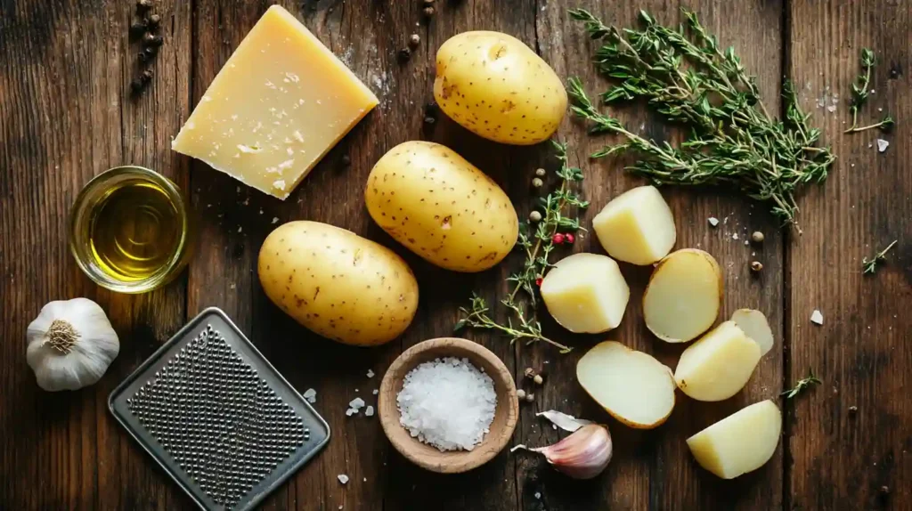 A top-down view of fresh ingredients for garlic Parmesan roasted potatoes, including potatoes, Parmesan cheese, garlic cloves, olive oil, and fresh herbs.