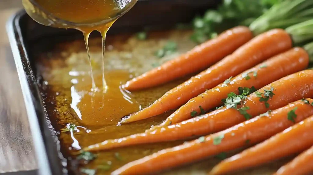 A step-by-step collage showing the process of making honey-glazed carrots: tossing carrots in glaze, roasting them on a baking sheet, and the final caramelized dish.