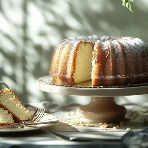 Mile high pound cake with golden brown crust and thick white glaze, one slice cut to reveal a moist, buttery interior, displayed on a white plate.
