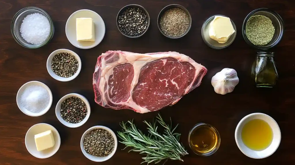 A top-down view of ribeye roast ingredients neatly arranged on a dark wooden countertop. A raw, well-marbled ribeye roast is surrounded by small bowls of salt, black pepper, garlic powder, Italian seasoning, olive oil, and fresh rosemary. A small dish of Worcestershire sauce and whole garlic cloves add depth to the display.