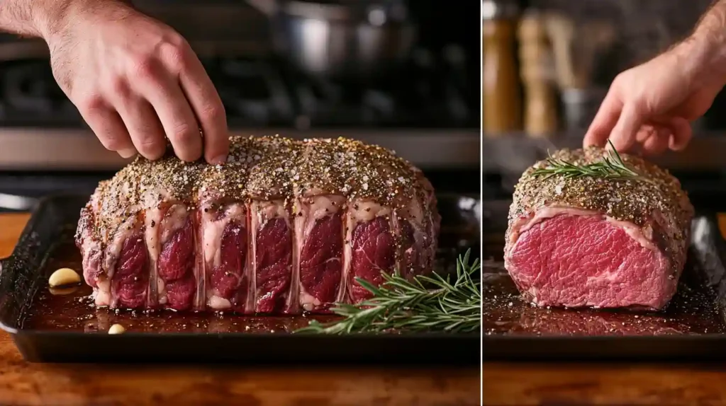 A step-by-step cooking process of a ribeye roast, presented in a split-image format. One section shows hands rubbing the roast with seasonings. Another section captures the roast sizzling in the oven with a golden-brown crust forming. The final section features a meat thermometer inserted into the roast, displaying the perfect internal temperature for doneness. The background has a cozy kitchen aesthetic.