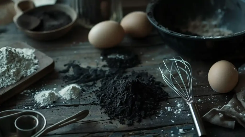 Ingredients for Black Velvet Cake: flour, cocoa powder, sugar, eggs, butter, buttermilk, vanilla extract, baking soda, and vinegar.
