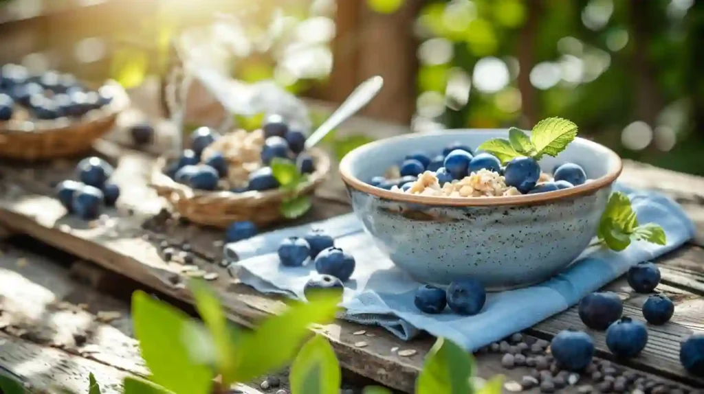 A happy family enjoying blueberry oatmeal together at the breakfast table, smiling and relaxed.