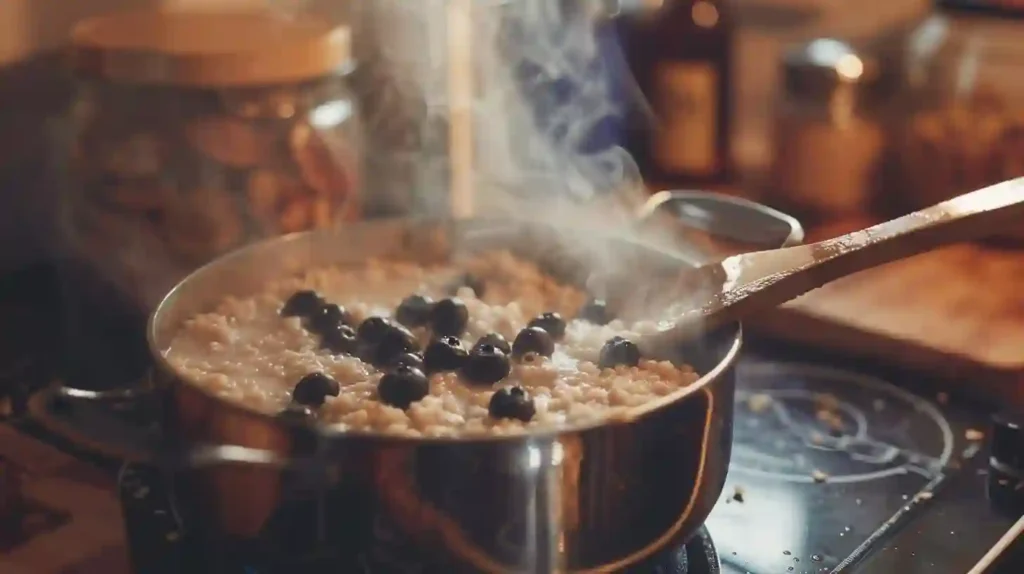 Step-by-step cooking process of blueberry oatmeal in a saucepan, stirring oats and adding blueberries.
