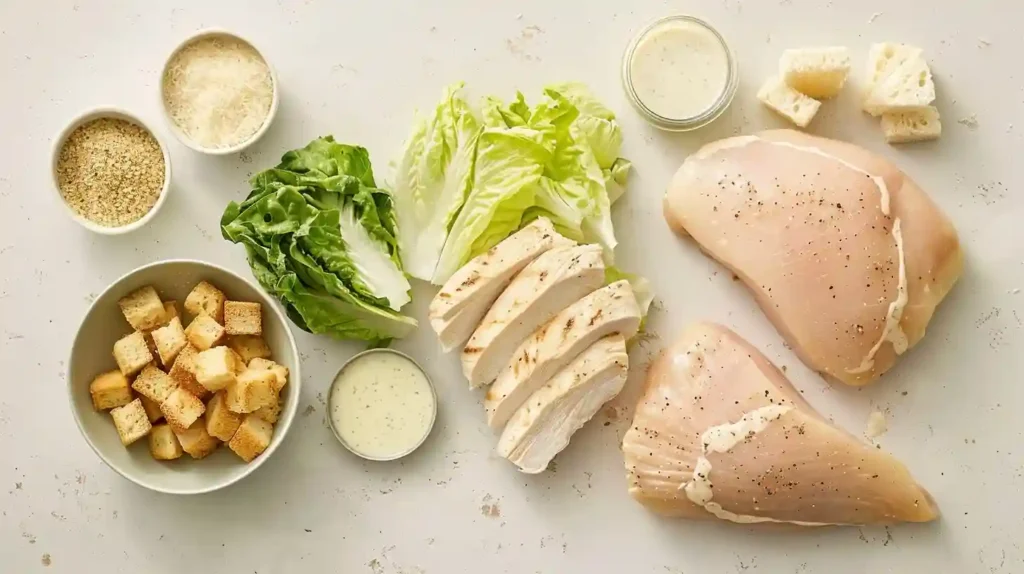 Overhead shot of fresh ingredients for Chicken Caesar Salad including romaine lettuce, grilled chicken breast slices, grated parmesan cheese, croutons, and Caesar dressing on a kitchen counter.