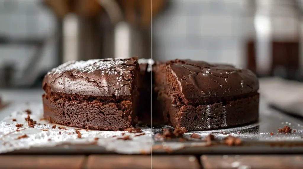 A slice of moist chocolate cake served on a white plate with chocolate drizzle and a fork beside it.