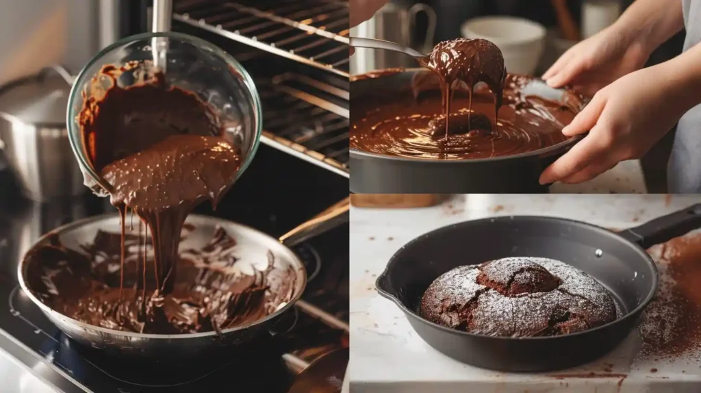Step-by-step process of mixing chocolate cake batter, pouring it into a pan, and baking in the oven.