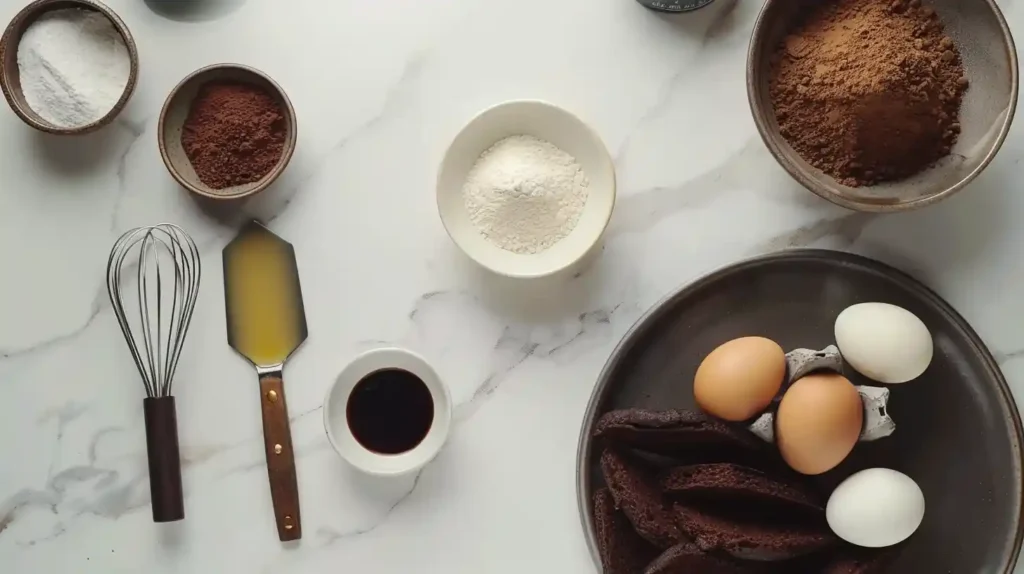 Flat lay of chocolate cake ingredients including cocoa powder, eggs, flour, sugar, and buttermilk on a kitchen counter.