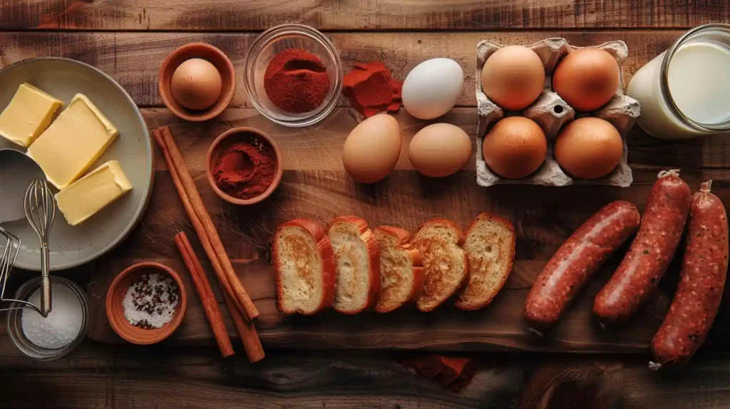 Fresh ingredients for French toast with sausage including eggs, milk, cinnamon, vanilla extract, brioche bread, butter, and raw sausage links.