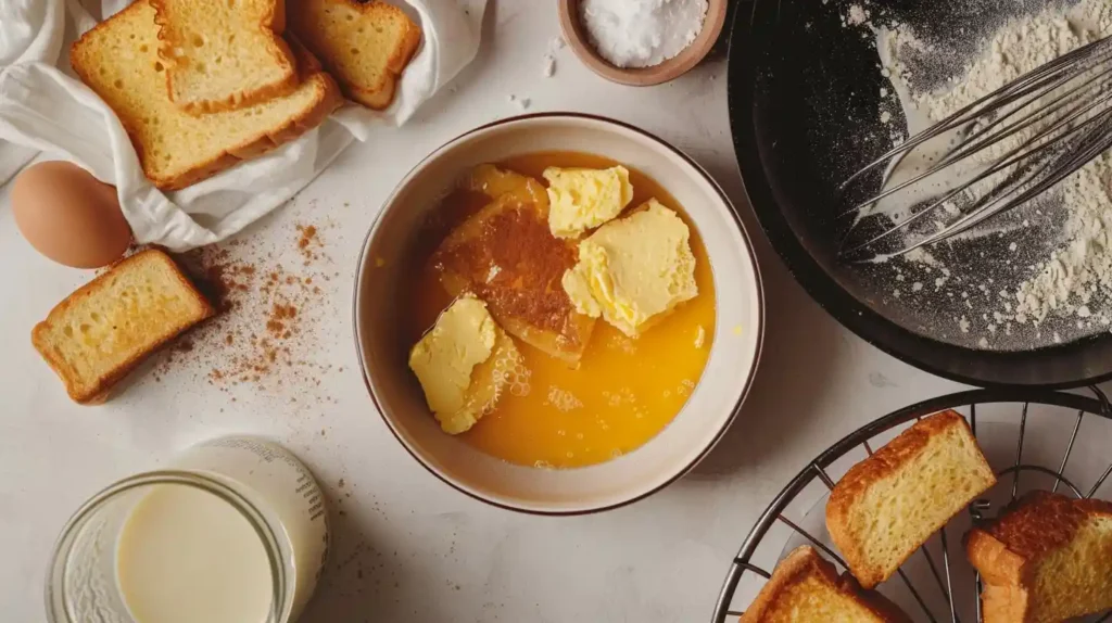 Step-by-step instructions for making French toast with sausage, showing the dipping of bread in the egg mixture.