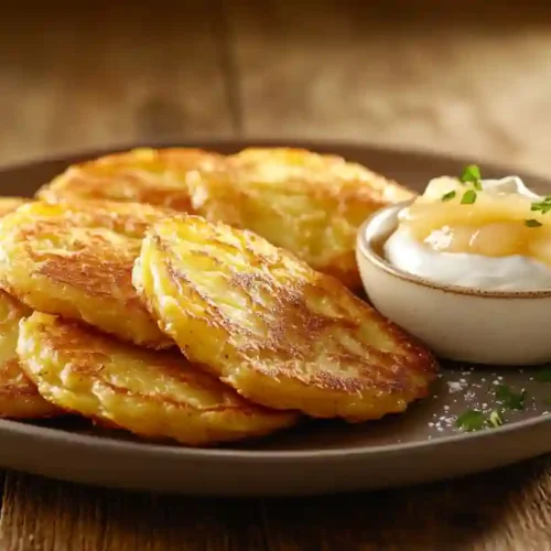 Authentic German potato pancakes served hot with sour cream and applesauce on a rustic wooden plate.