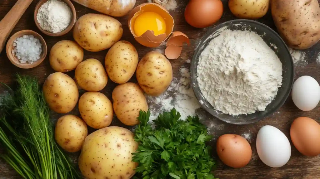 Fresh ingredients for German potato pancakes — potatoes, onions, eggs, flour, and seasoning on a rustic countertop.