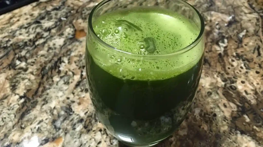 The juice consists of kale, cucumber, green apples, lemon and ginger. It appears freshly prepared & is served in a clear glass.