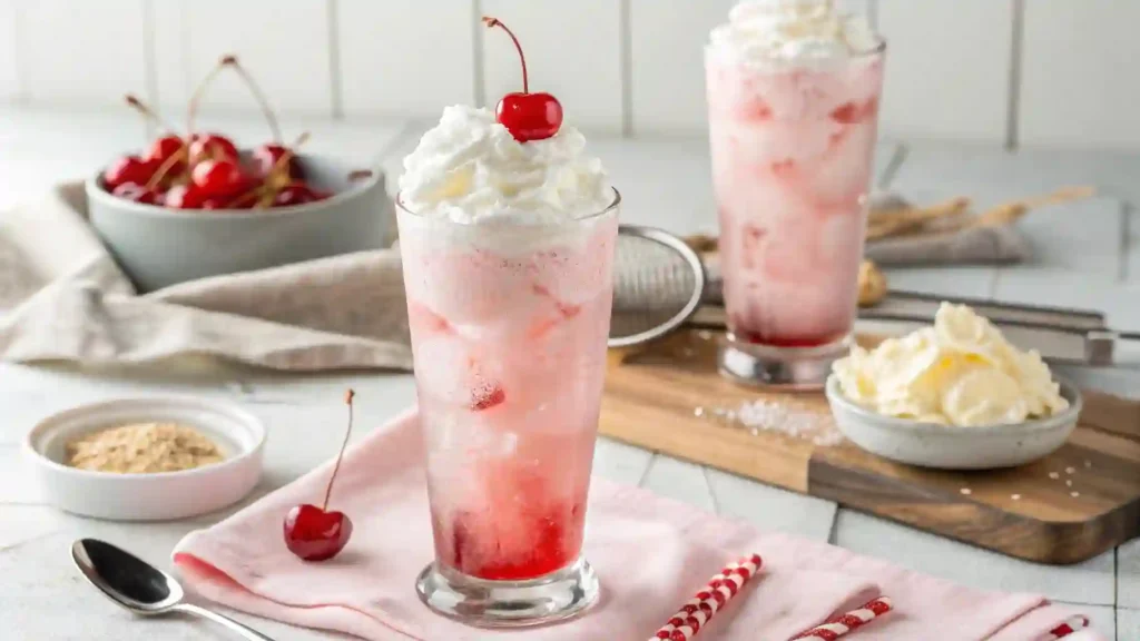 Refreshing glass of Italian Cream Soda with ice, whipped cream topping, and fresh raspberries on a summer day.