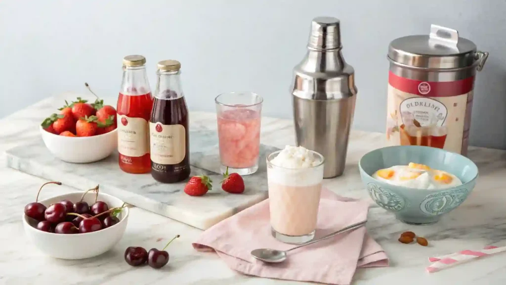 Fresh ingredients for making Italian Cream Soda including club soda, heavy cream, flavored syrup, ice cubes, and fresh raspberries.