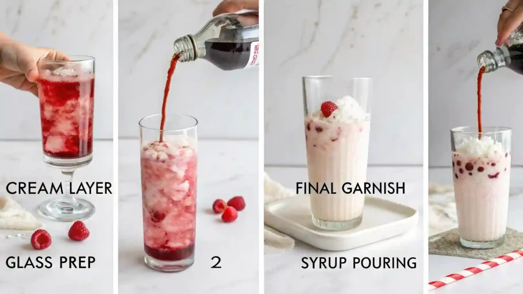 Step-by-step process of making Italian Cream Soda with ice, syrup, club soda, and heavy cream in a clear glass.