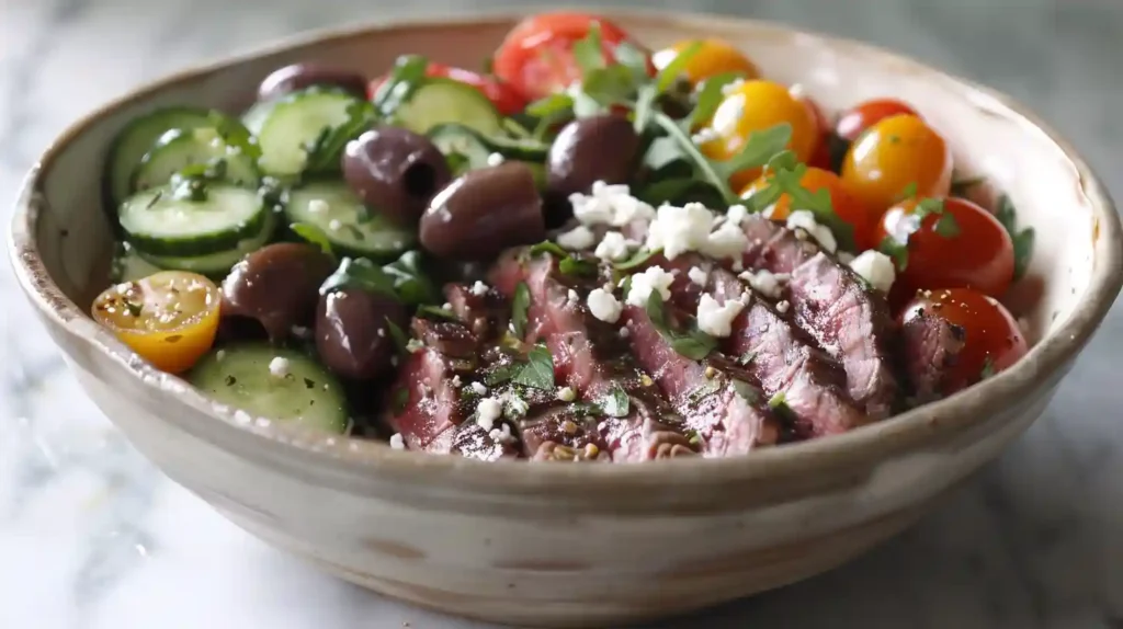 Mediterranean steak bowl served in a rustic ceramic bowl with tender steak, fresh veggies, feta cheese, and olive oil.