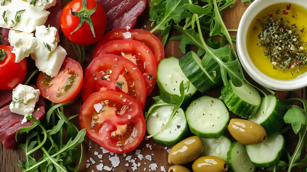Fresh ingredients for Mediterranean steak bowl: tomatoes, cucumbers, arugula, Kalamata olives, feta cheese, and olive oil on a cutting board.