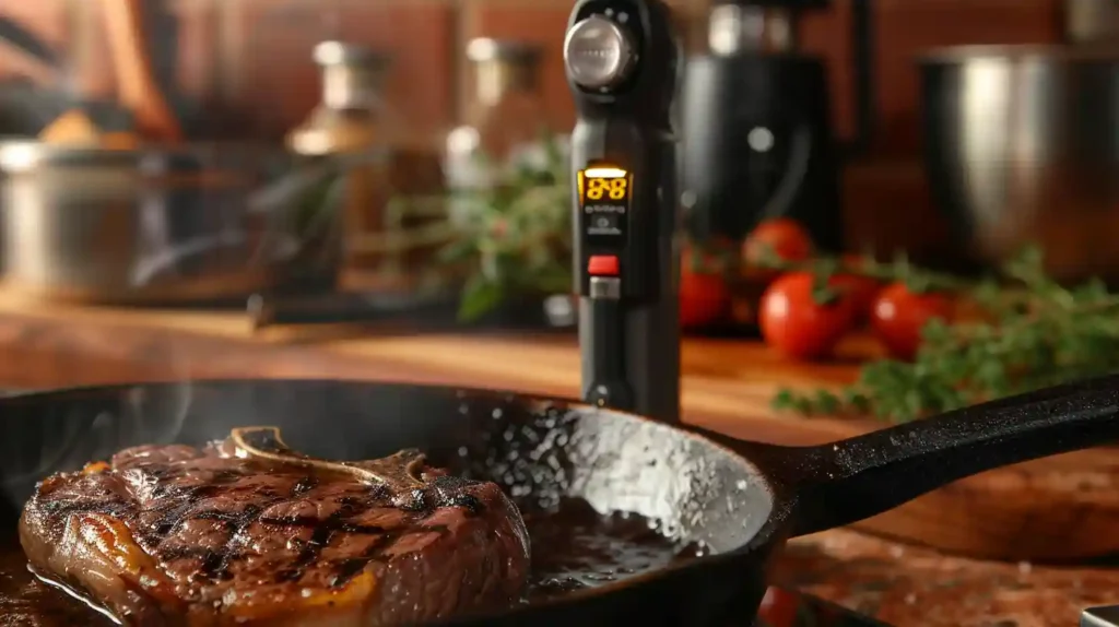 A sizzling steak in a cast-iron skillet with a meat thermometer, showing perfect sear and temperature.