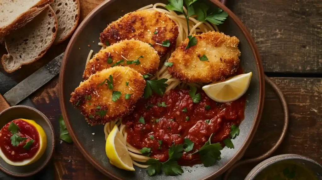 Crispy Parmesan Chicken served with spaghetti marinara and garnished with parsley and lemon.
