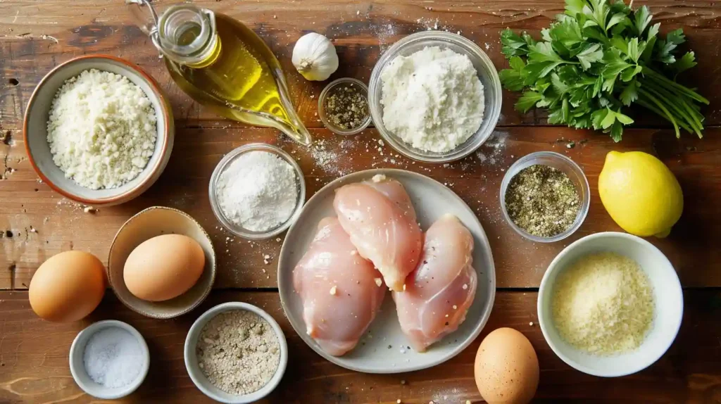 Parmesan Chicken ingredients neatly arranged on a wooden kitchen counter.