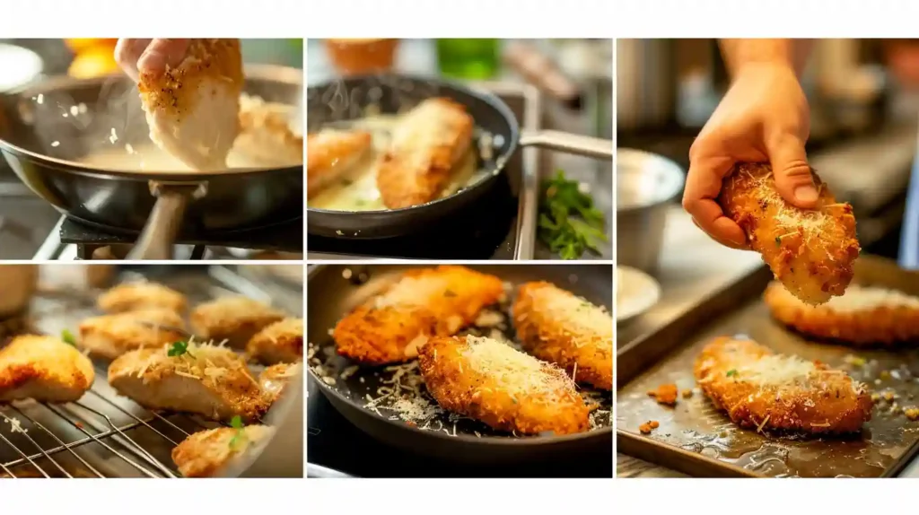 Step-by-step cooking process of preparing crispy Parmesan Chicken.