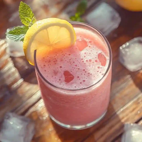 A glass of whipped pink lemonade topped with ice cubes, a lemon slice, and fresh mint leaves, set on a wooden table.