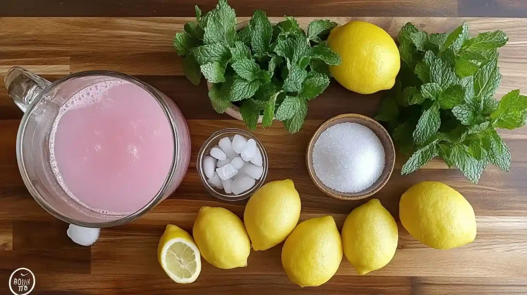 Ingredients for whipped pink lemonade: lemons, sugar, ice cubes, and water displayed on a kitchen counter.