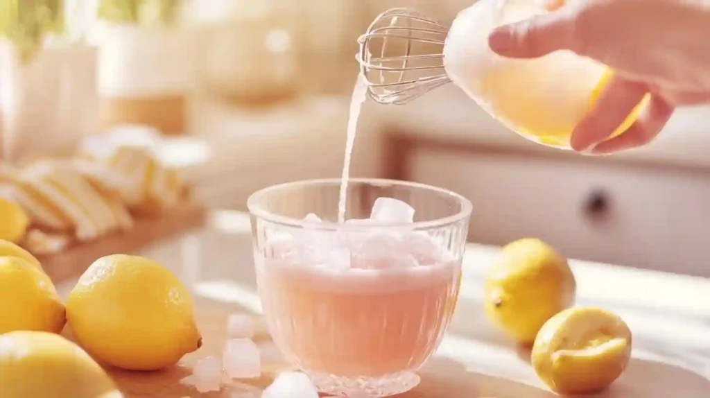 Step-by-step instructions for making whipped pink lemonade, showing lemon juice being added to a bowl and ice cubes being placed in a glass.