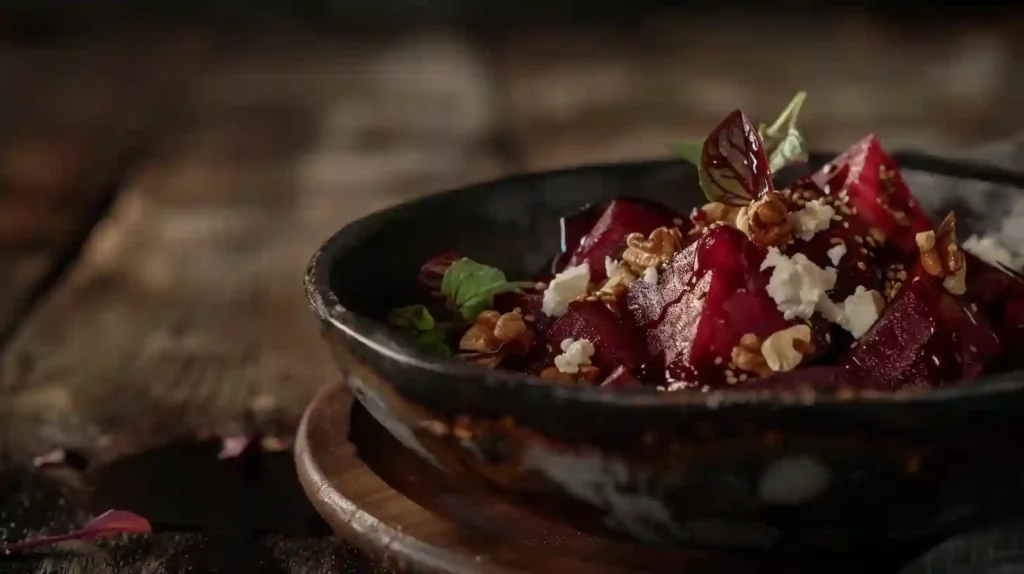 Side view of roasted beet salad with feta, walnuts, and balsamic drizzle in a rustic bowl.