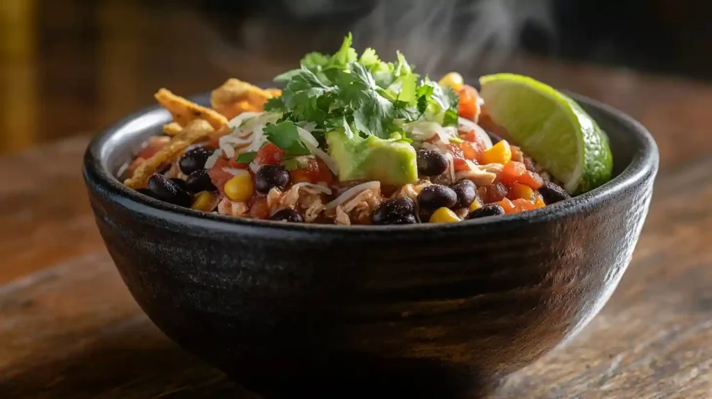 A cozy dinner setting with a bowl of Chicken Taco Soup in focus, steam rising, with a spoonful ready to be enjoyed. Soft kitchen lighting creates a warm, inviting atmosphere.