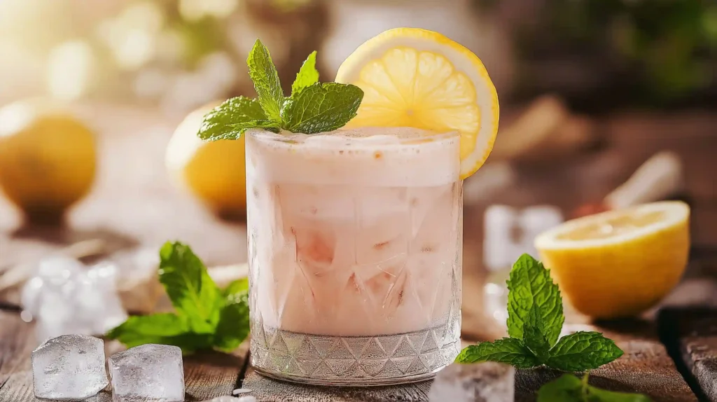 A glass of whipped pink lemonade served with a straw and garnished with a lemon slice.