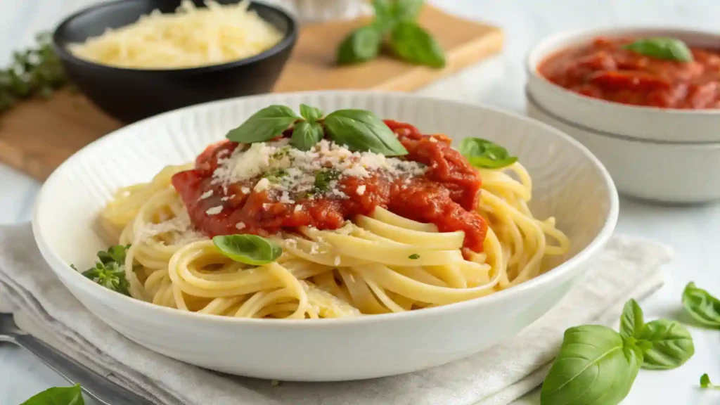 Pasta sin gluten con salsa casera de tomate y albahaca en un plato blanco.