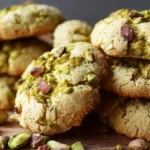 Montón de galletas caseras de pistacho sobre un plato de madera rústico, cubiertas con pistachos troceados, con una taza de café desenfocada al fondo.