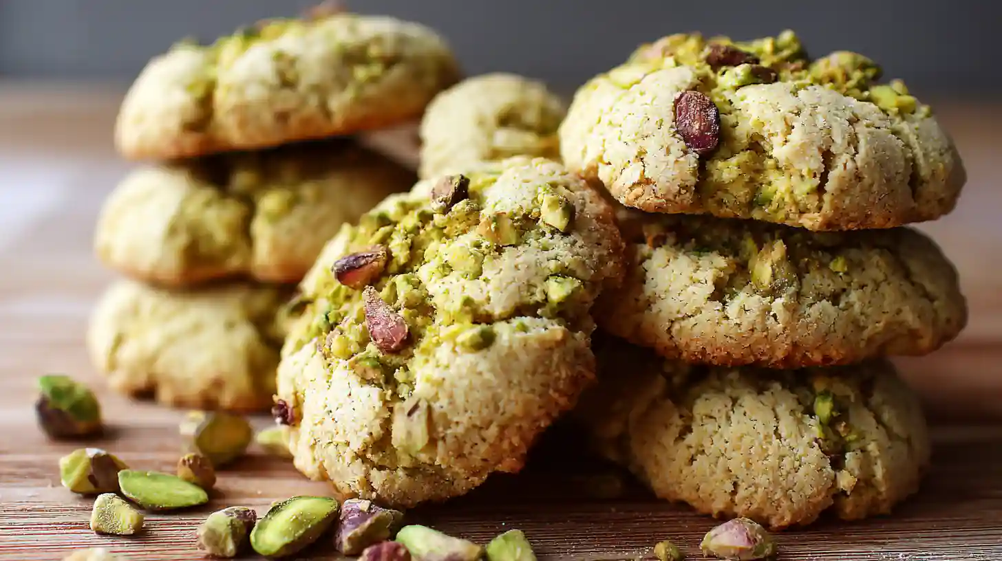 Montón de galletas caseras de pistacho sobre un plato de madera rústico, cubiertas con pistachos troceados, con una taza de café desenfocada al fondo.