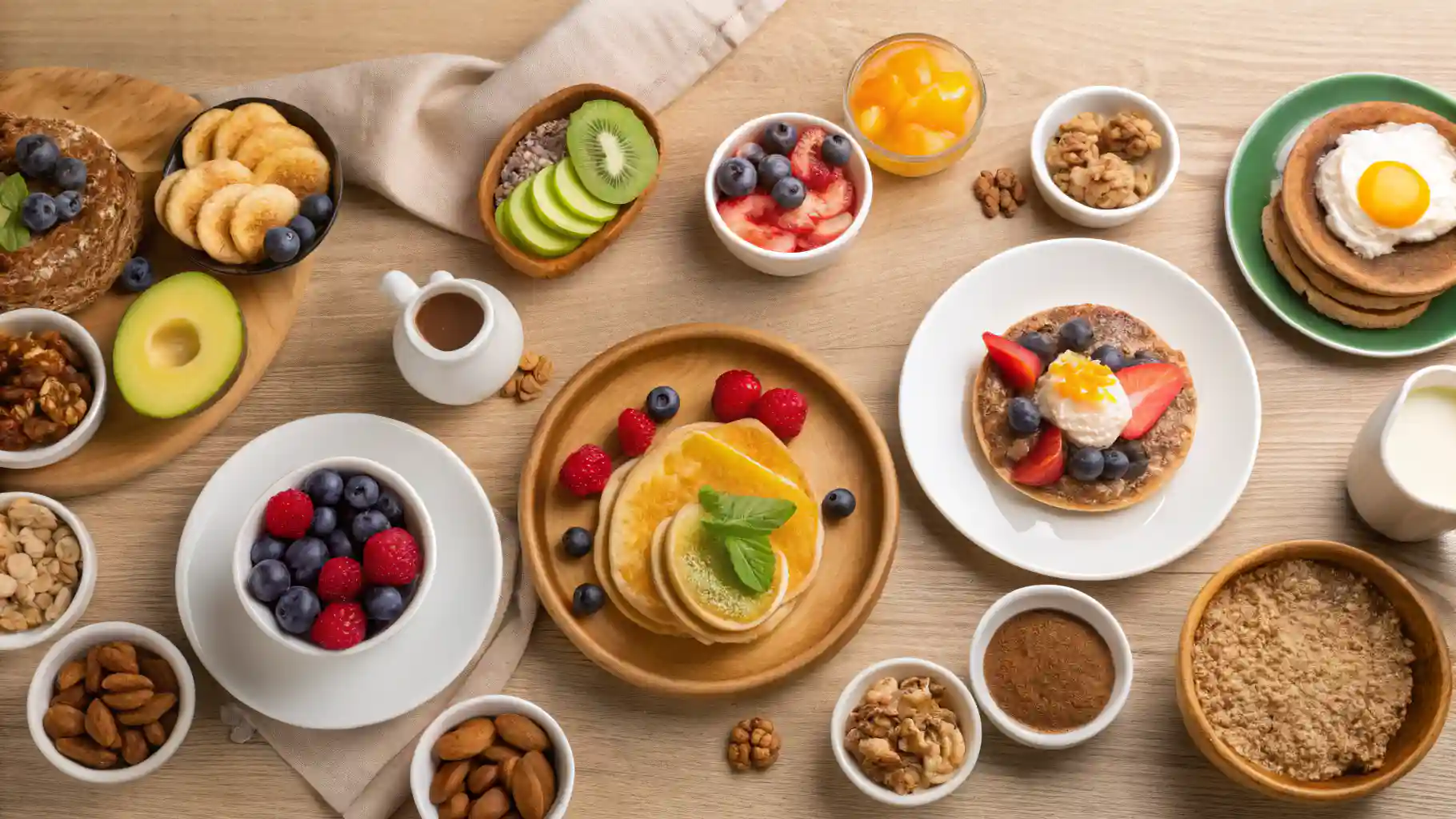 Un desayuno sin gluten con panqueques dorados, frutas frescas como fresas, arándanos y kiwi, aguacate, frutos secos, yogur y avena en un estilo saludable y nutritivo servido sobre una mesa de madera.